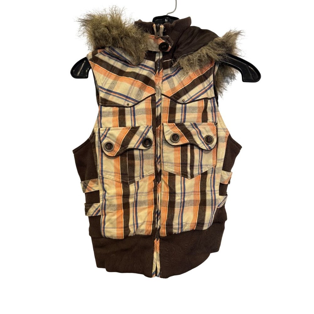vintage Plaid Hooded Vest With Faux Fur Cotton & Polyester Size S